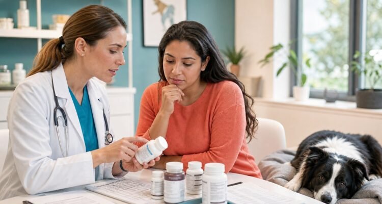 A veterinarian and dog owner compare complete unbranded supplement labels with the dog's medication and diet list.