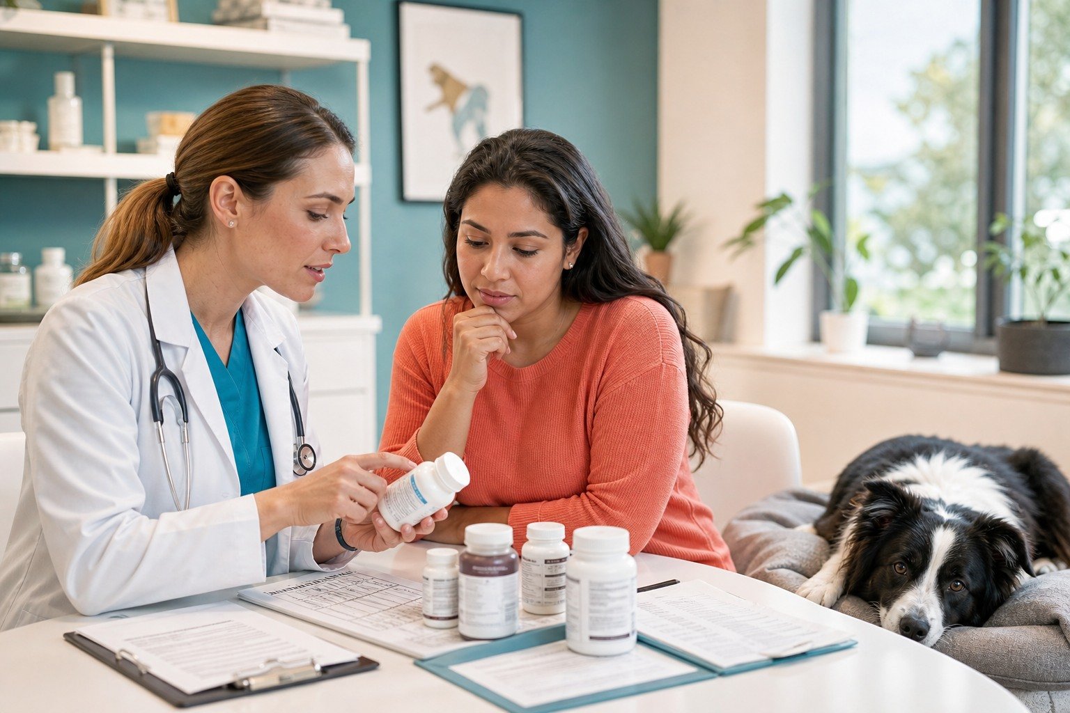 A veterinarian and dog owner compare complete unbranded supplement labels with the dog's medication and diet list.