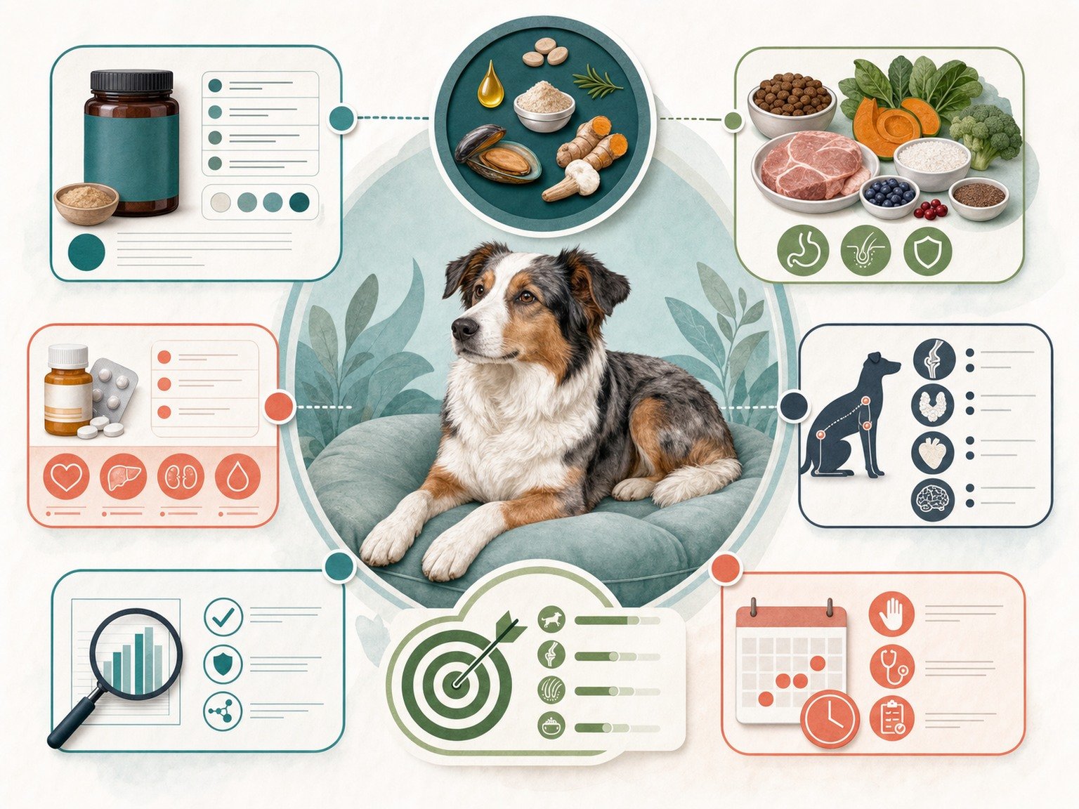 A text-free decision map links purpose, baseline, evidence, formulation, quality, interactions, monitoring, and reassessment around a dog.