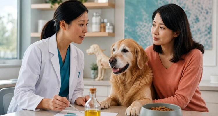 A veterinary nutrition professional reviews an unbranded omega-3 oil, complete diet, and health record with a dog owner.
