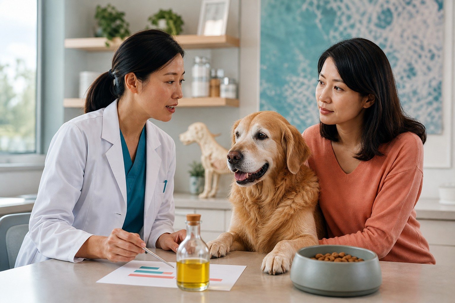 A veterinary nutrition professional reviews an unbranded omega-3 oil, complete diet, and health record with a dog owner.