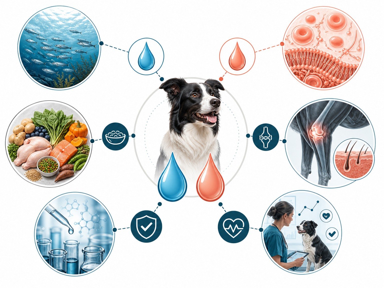 A text-free omega-3 evidence map connects marine sources, EPA and DHA, diet, formulation, joints, skin, organs, safety, and veterinary review.