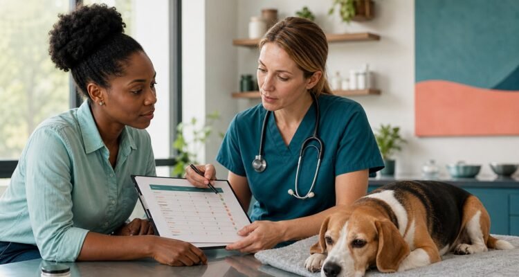 A veterinarian and owner review a dog's stool and diet timeline while an unopened probiotic container remains secondary.