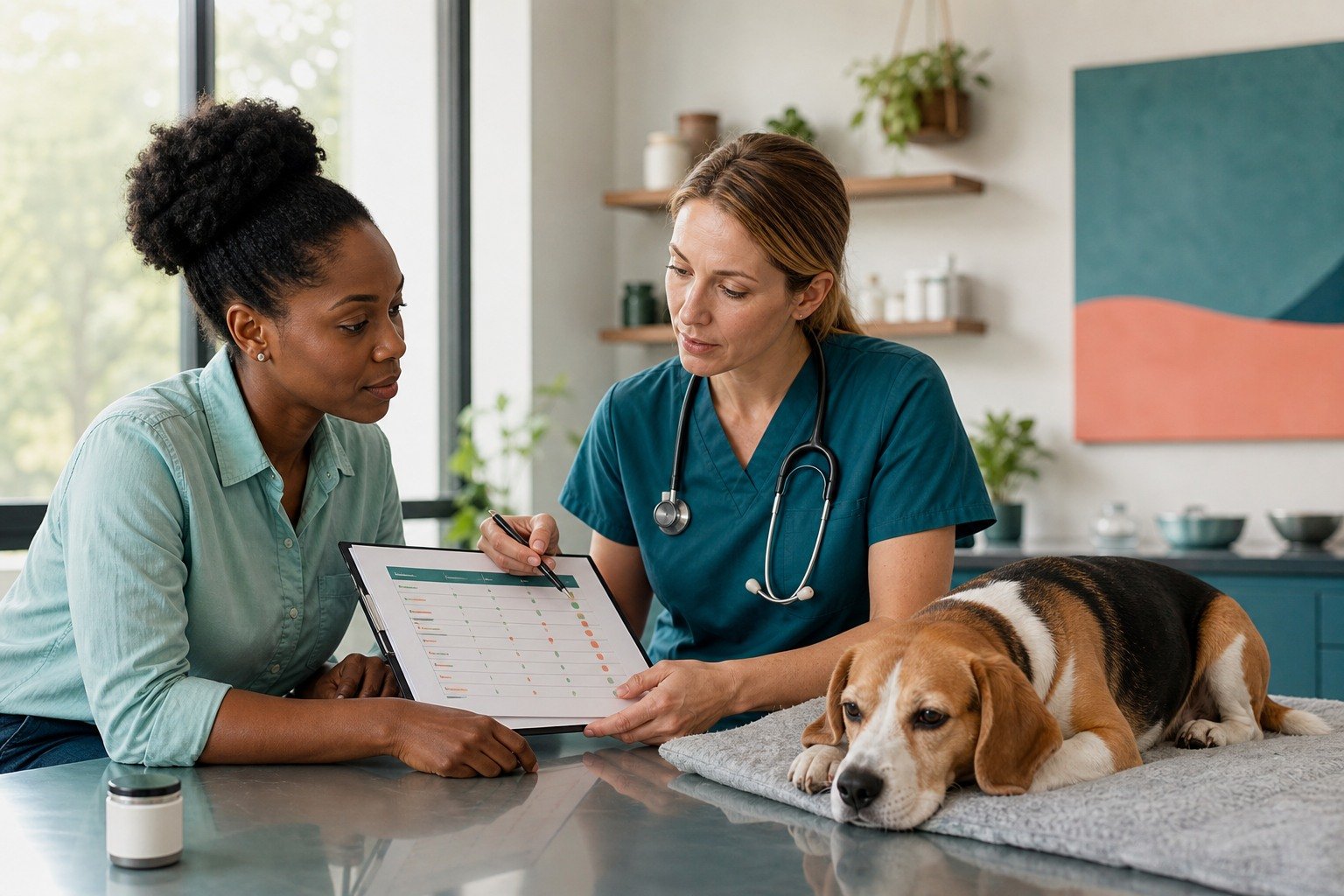 A veterinarian and owner review a dog's stool and diet timeline while an unopened probiotic container remains secondary.
