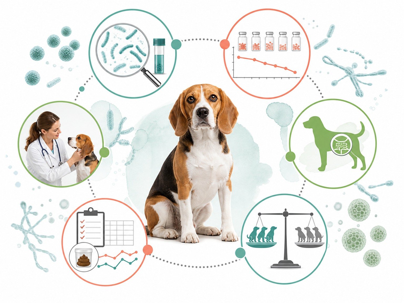 A text-free probiotic research framework connects strain identity, viability, formulation, dog population, clinical outcome, safety, and veterinary reassessment.