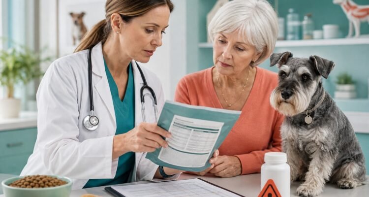 A veterinarian reviews a dog's complete food label and laboratory history with an owner while an unbranded vitamin bottle remains closed beside a caution marker.
