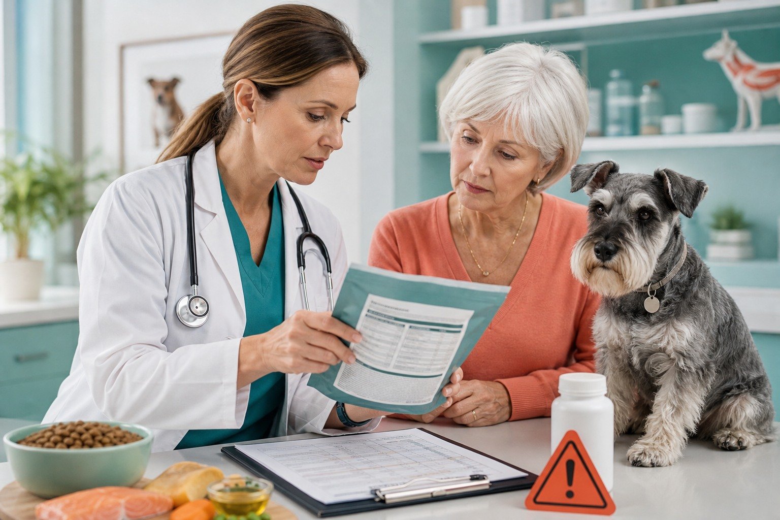 A veterinarian reviews a dog's complete food label and laboratory history with an owner while an unbranded vitamin bottle remains closed beside a caution marker.
