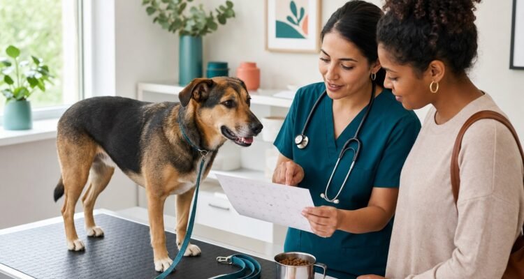 A veterinarian and owner review a paper wellness calendar while a mixed-breed dog stands comfortably on a nonslip examination mat.