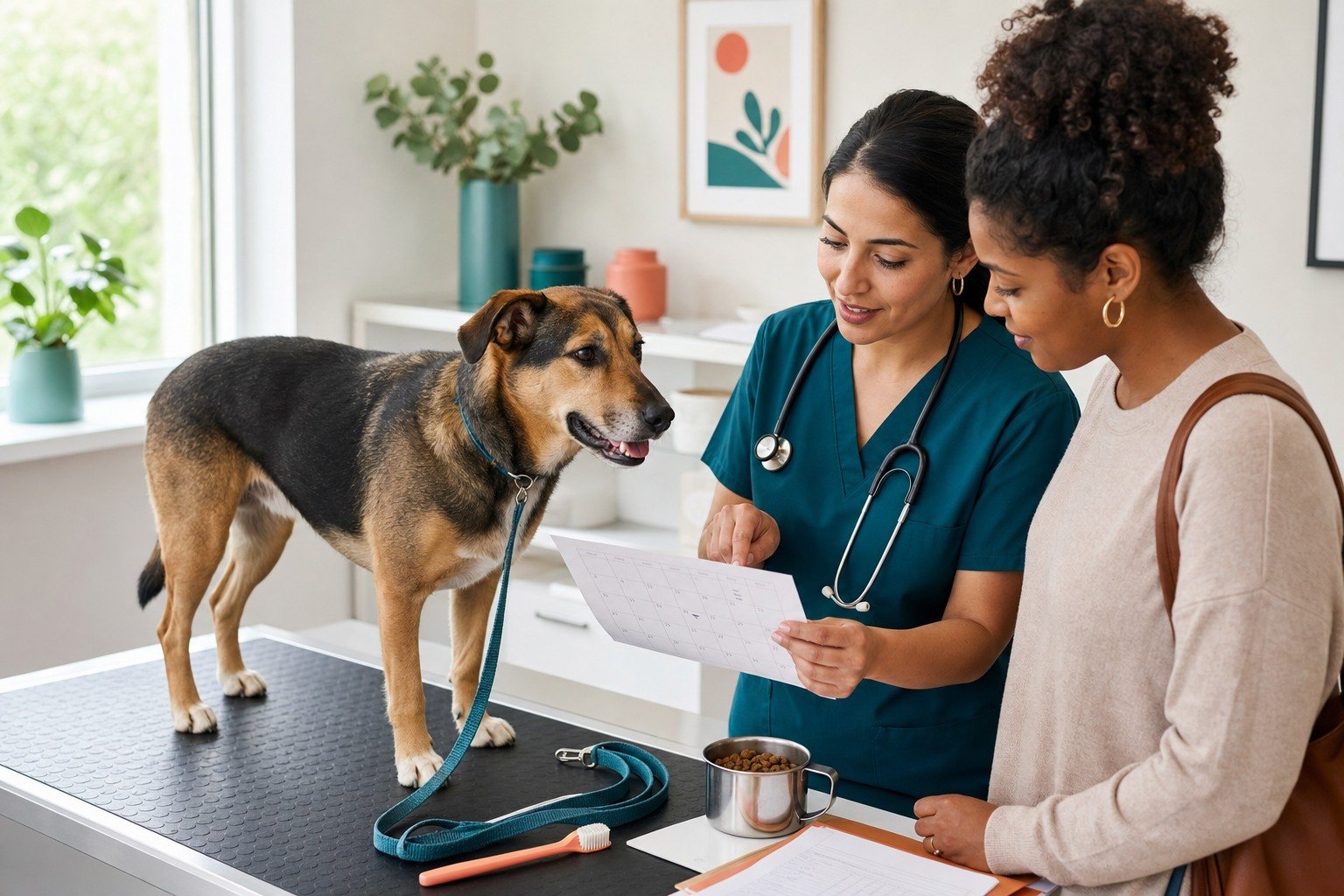 A veterinarian and owner review a paper wellness calendar while a mixed-breed dog stands comfortably on a nonslip examination mat.