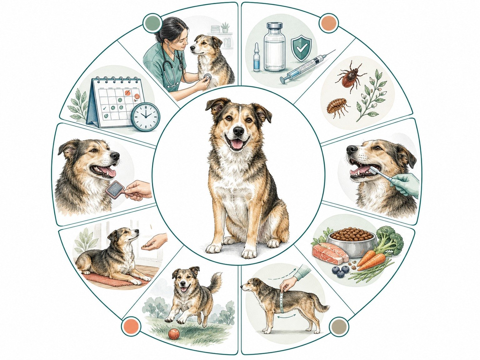 A text-free care wheel connects examinations, vaccination, parasite prevention, dental care, nutrition, movement, body condition, grooming, and scheduled review around a dog.