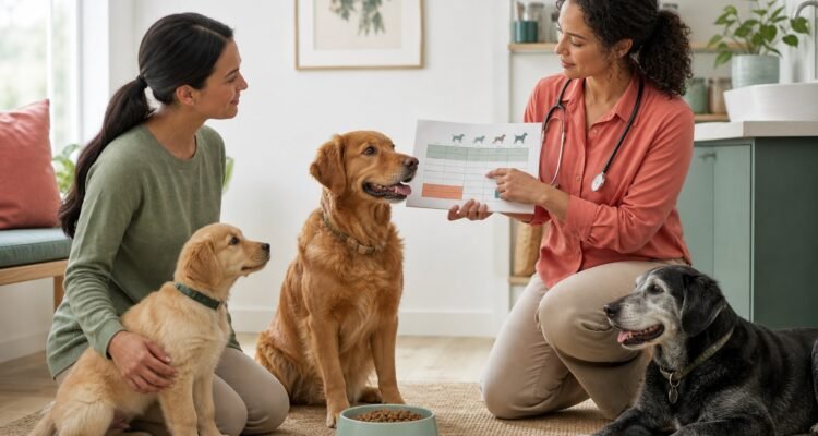 An owner and veterinarian discuss life-stage nutrition beside a puppy, adult dog, and gray-muzzled senior with separate bowls.