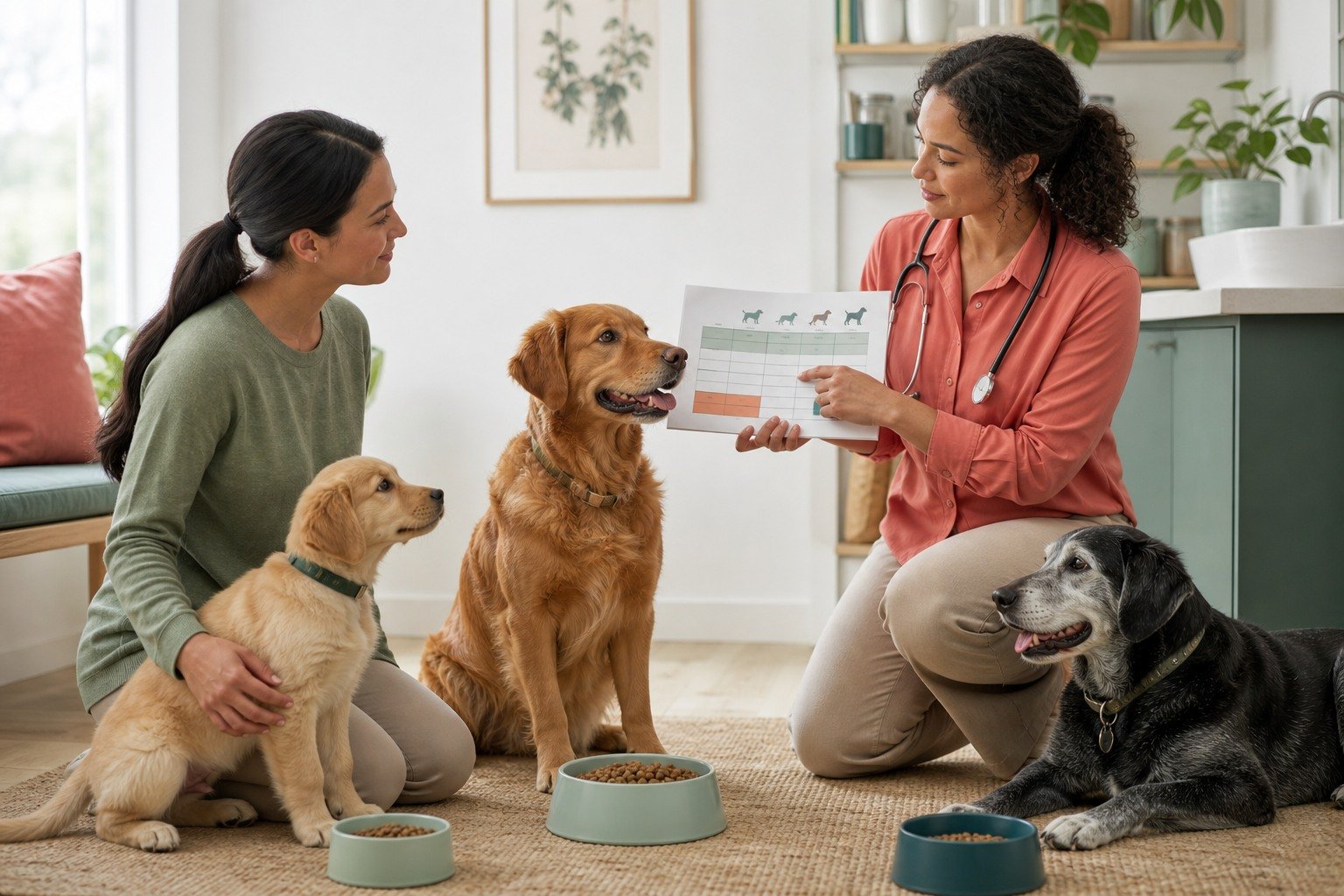 An owner and veterinarian discuss life-stage nutrition beside a puppy, adult dog, and gray-muzzled senior with separate bowls.