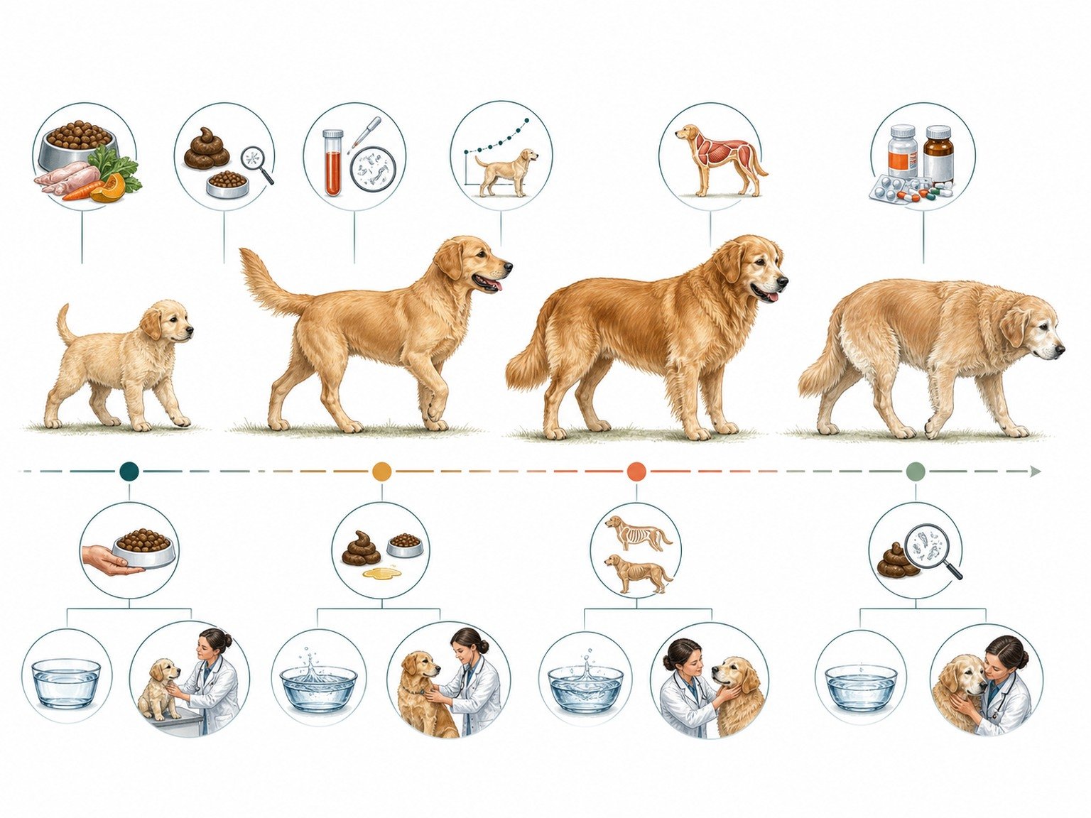 A text-free journey shows the same dog from puppy to senior with diet, stool, growth, parasites, muscle, hydration, medication, and veterinary checks.