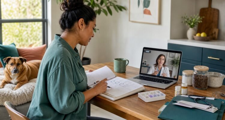 An owner organizes a digestive symptom diary, diet labels, and medication schedule while consulting a veterinarian by video and her dog rests nearby.