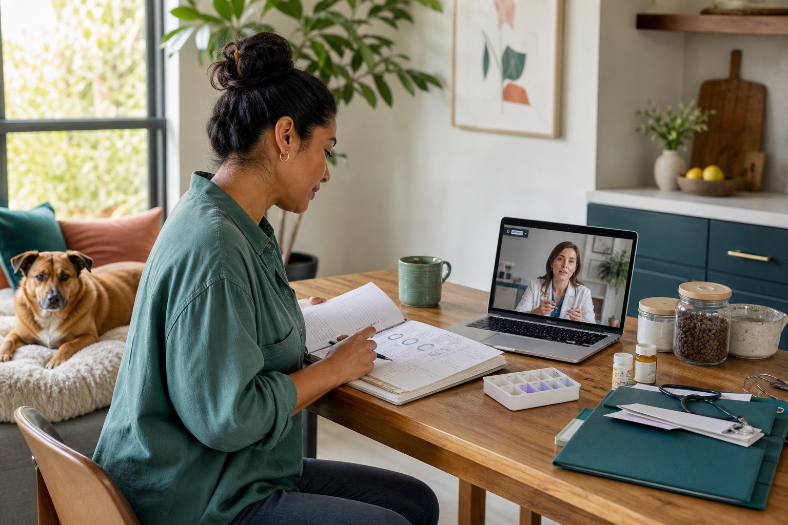 An owner organizes a digestive symptom diary, diet labels, and medication schedule while consulting a veterinarian by video and her dog rests nearby.