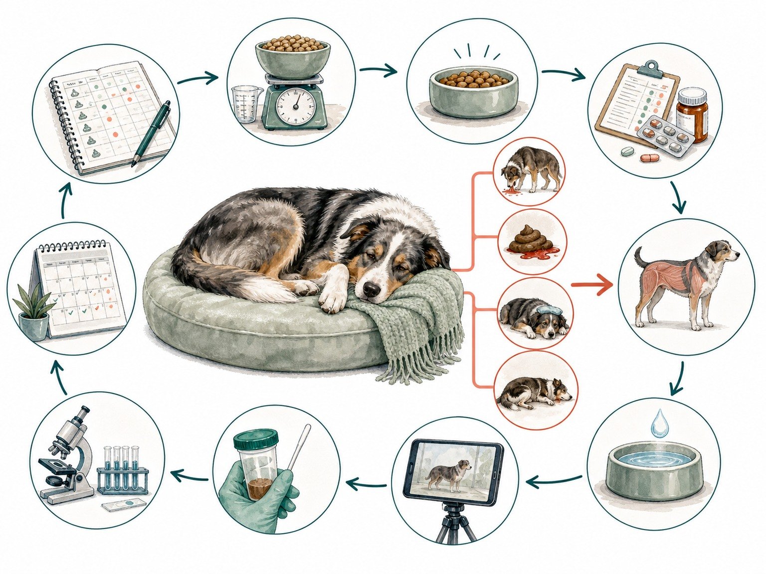 A text-free chronic digestive care map connects symptom logs, measured food, exclusive diet trials, medication records, weight, hydration, video, samples, tests, and follow-up.