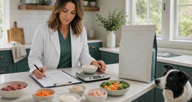 A veterinary nutrition professional weighs measured ingredients while reviewing a precise home-prepared recipe beside a Border Collie.