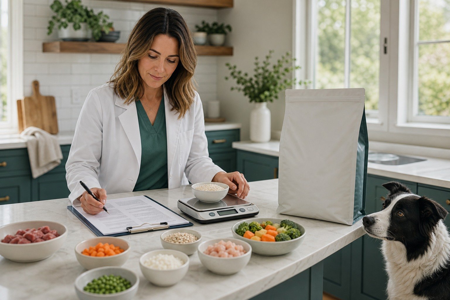 A veterinary nutrition professional weighs measured ingredients while reviewing a precise home-prepared recipe beside a Border Collie.