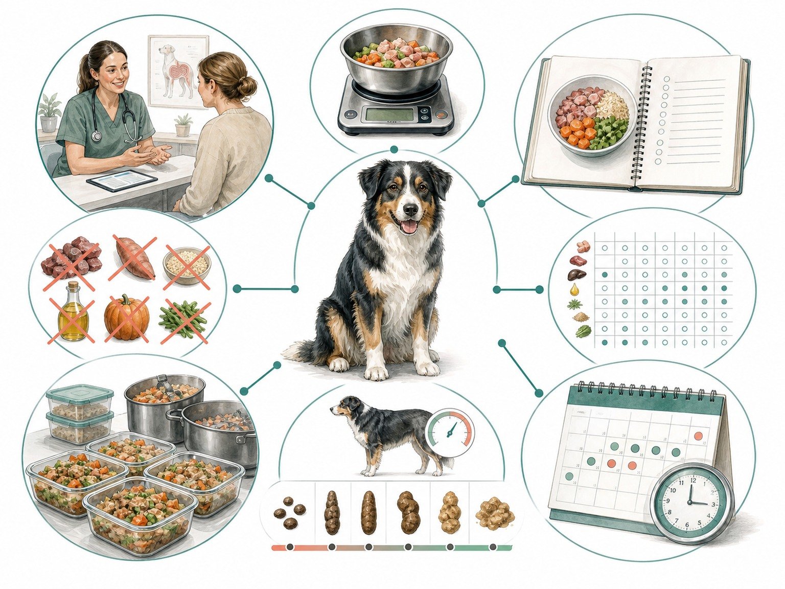 A text-free formulation map connects veterinary nutrition consultation, gram-scale measurement, fixed recipe, nutrient matrix, no substitutions, batch storage, stool and weight monitoring, and scheduled reformulation.