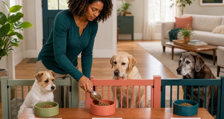 An owner prepares three measured meals at separate gated feeding stations for a young terrier, adult Labrador, and gray-muzzled senior dog.