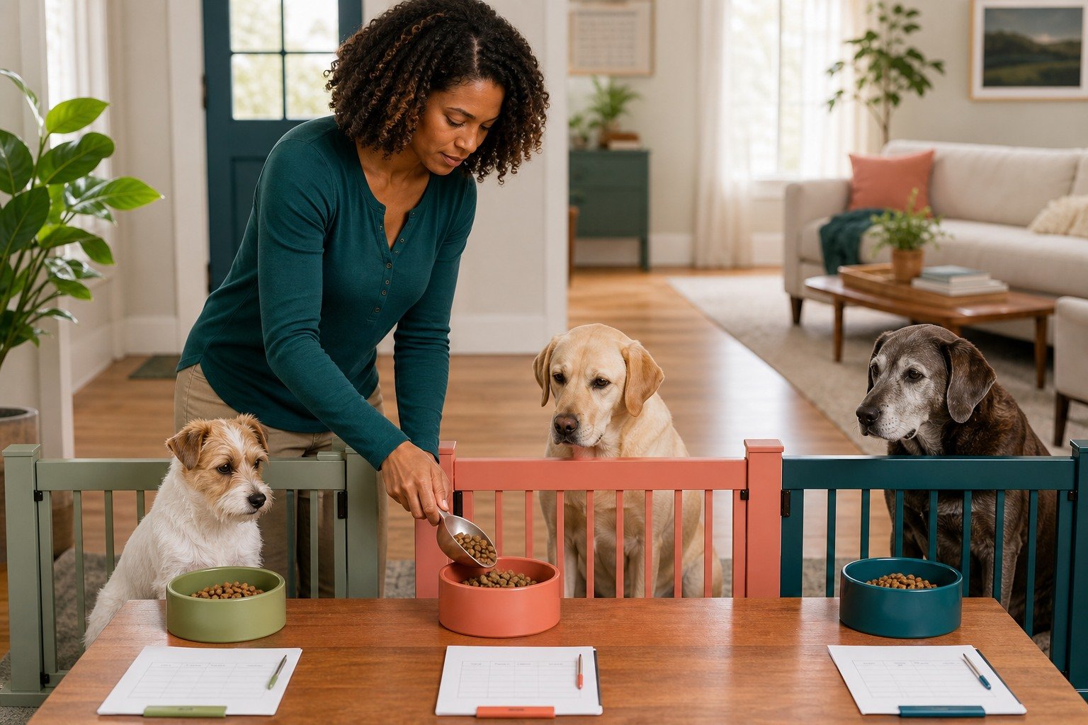 An owner prepares three measured meals at separate gated feeding stations for a young terrier, adult Labrador, and gray-muzzled senior dog.