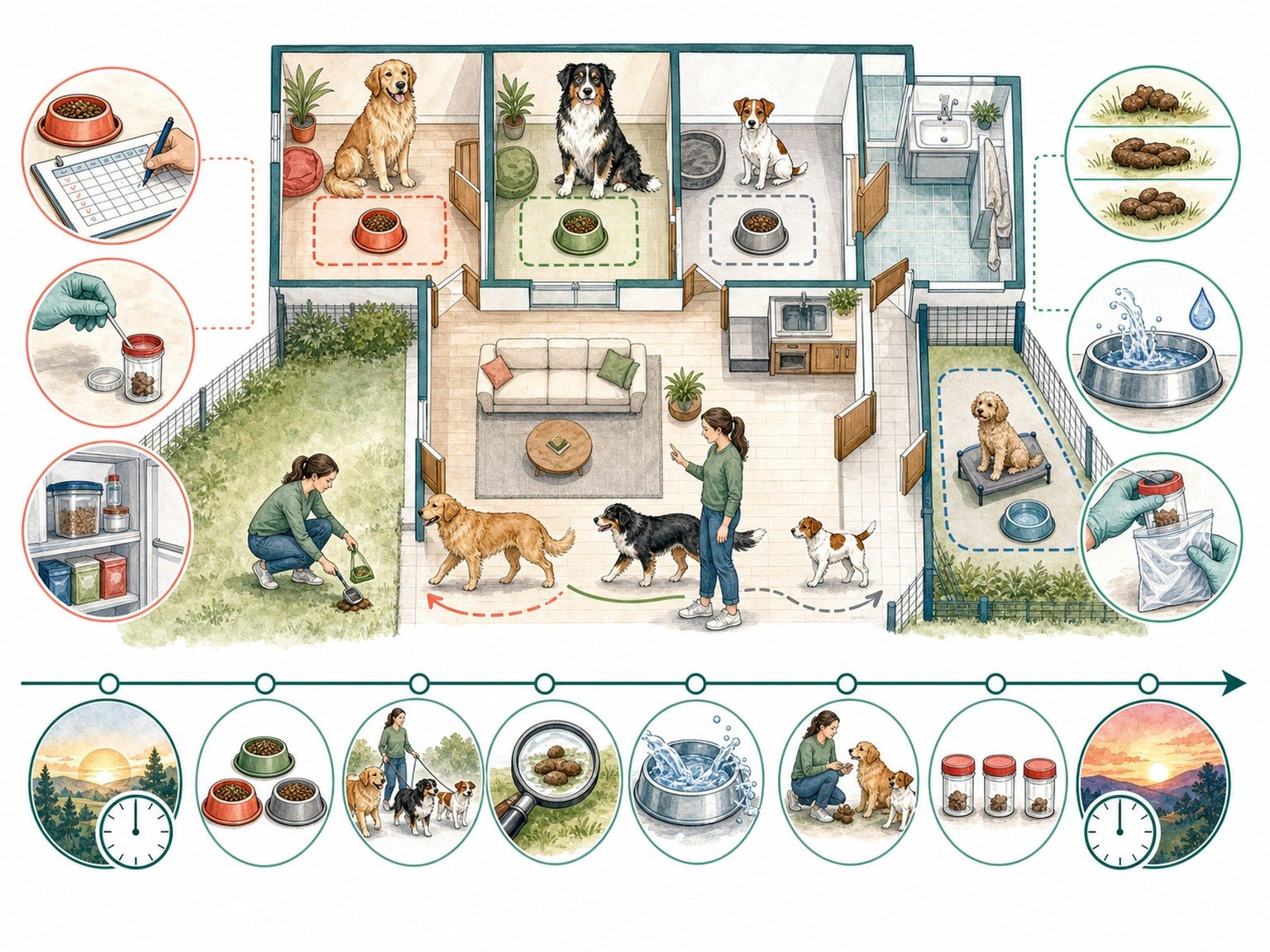 A text-free home plan shows separate feeding zones, color-coded records, secure food, prompt waste cleanup, clean water, illness separation, sample collection, and a household timeline.