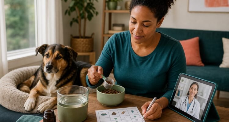 A dog owner measures a prescribed meal and records recovery signs while speaking with a veterinarian by video beside a resting mixed-breed dog.
