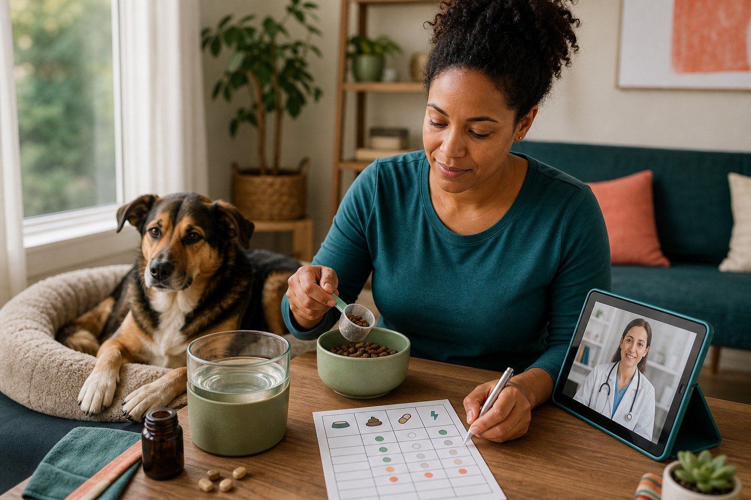 A dog owner measures a prescribed meal and records recovery signs while speaking with a veterinarian by video beside a resting mixed-breed dog.