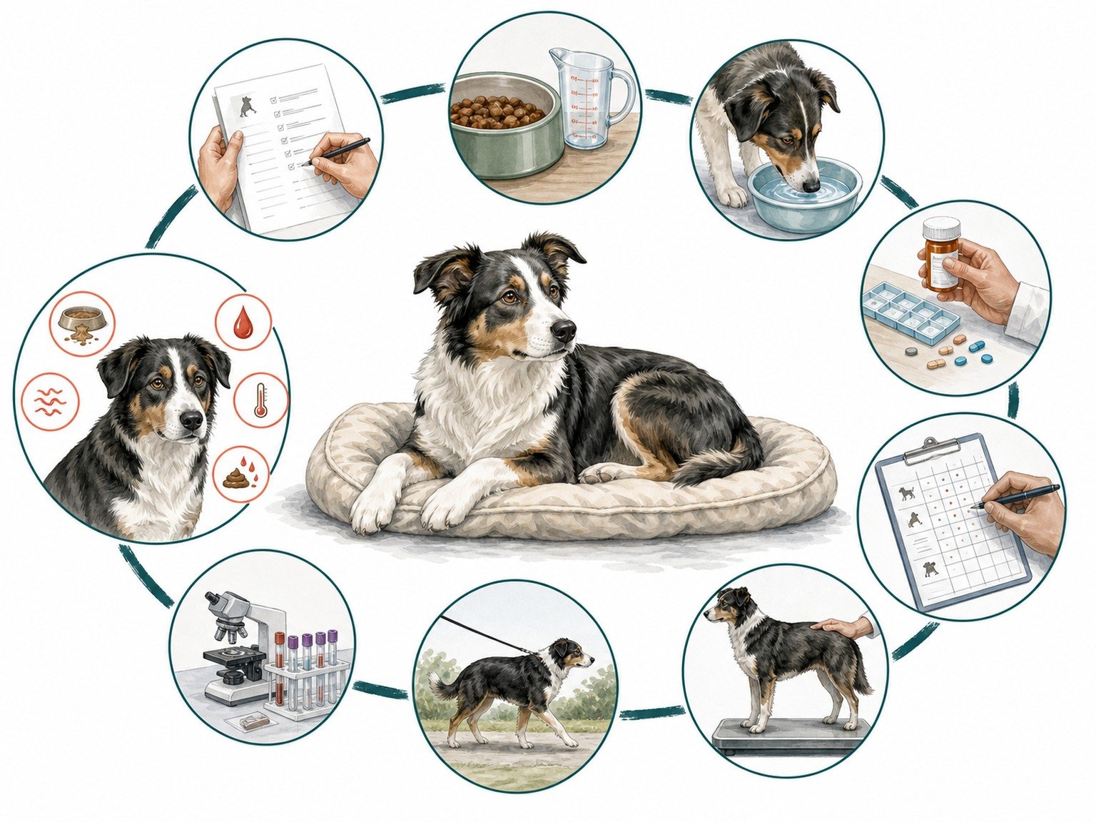 A text-free recovery map connects discharge instructions, measured meals, water intake, medication, stool records, weight, laboratory follow-up, and veterinary reassessment around a resting dog.