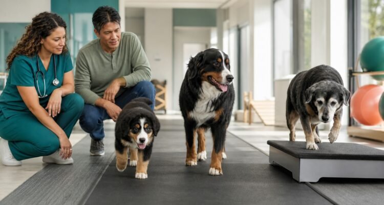 A veterinarian and owner observe a puppy, adult dog, and gray-muzzled senior walking across a rehabilitation clinic floor.