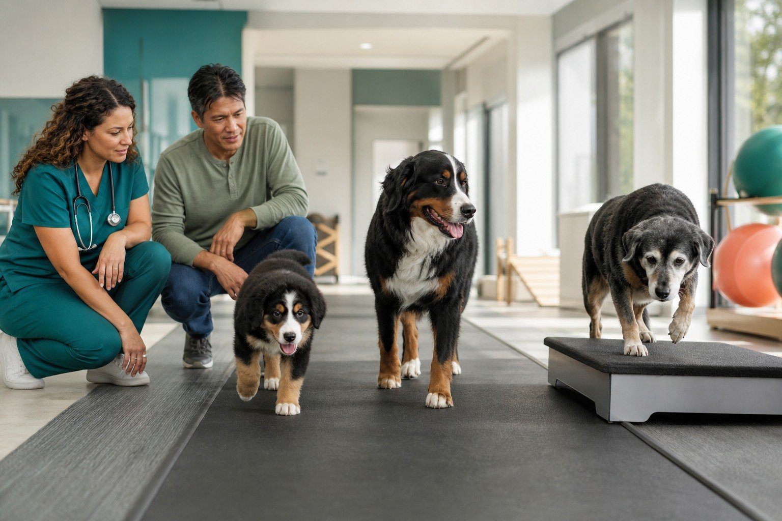 A veterinarian and owner observe a puppy, adult dog, and gray-muzzled senior walking across a rehabilitation clinic floor.