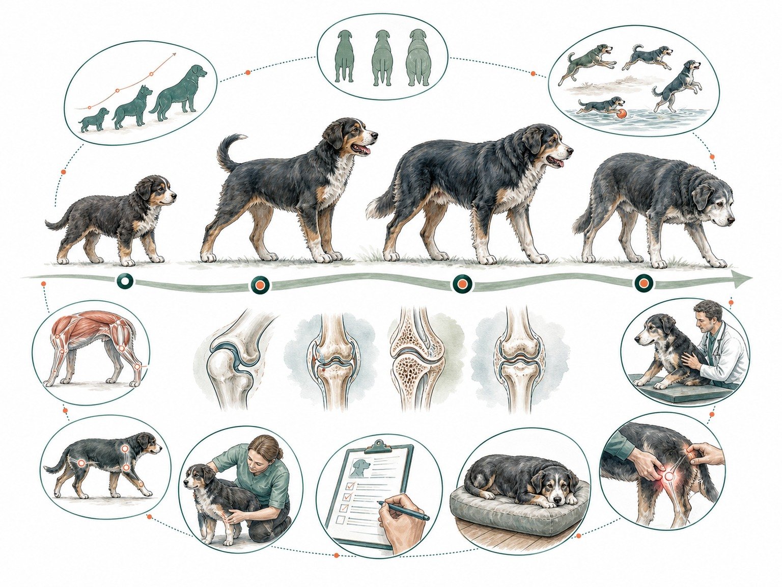 A text-free life-stage illustration follows a dog from puppy growth through adult activity and senior mobility with joints, muscle, body condition, home support, and veterinary checks.