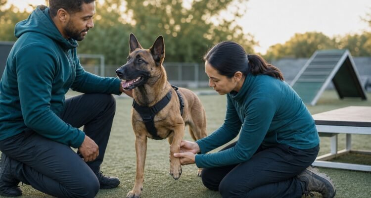 A handler and canine rehabilitation professional perform a calm pre-work limb and harness check with a working shepherd at an outdoor training area.