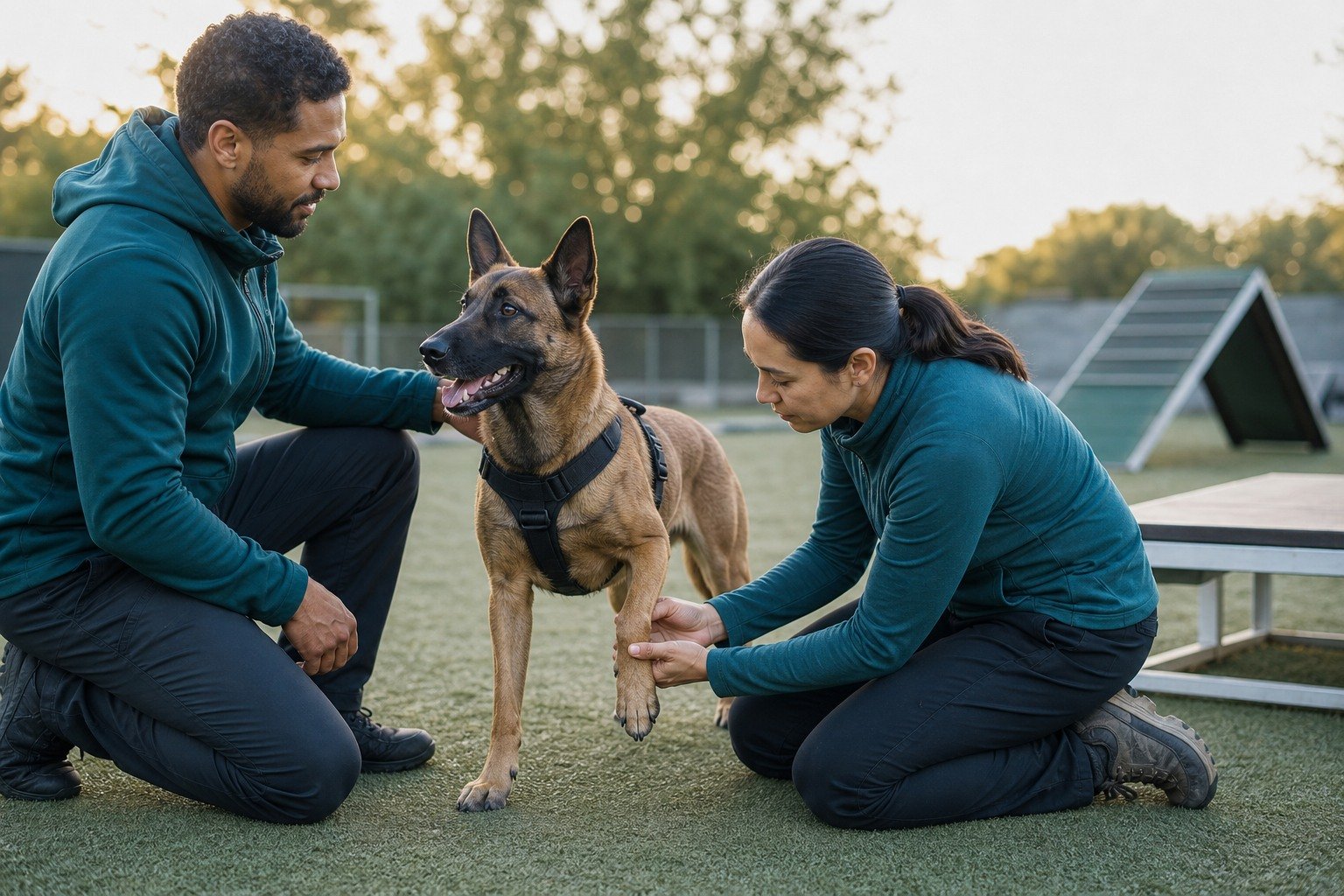 A handler and canine rehabilitation professional perform a calm pre-work limb and harness check with a working shepherd at an outdoor training area.
