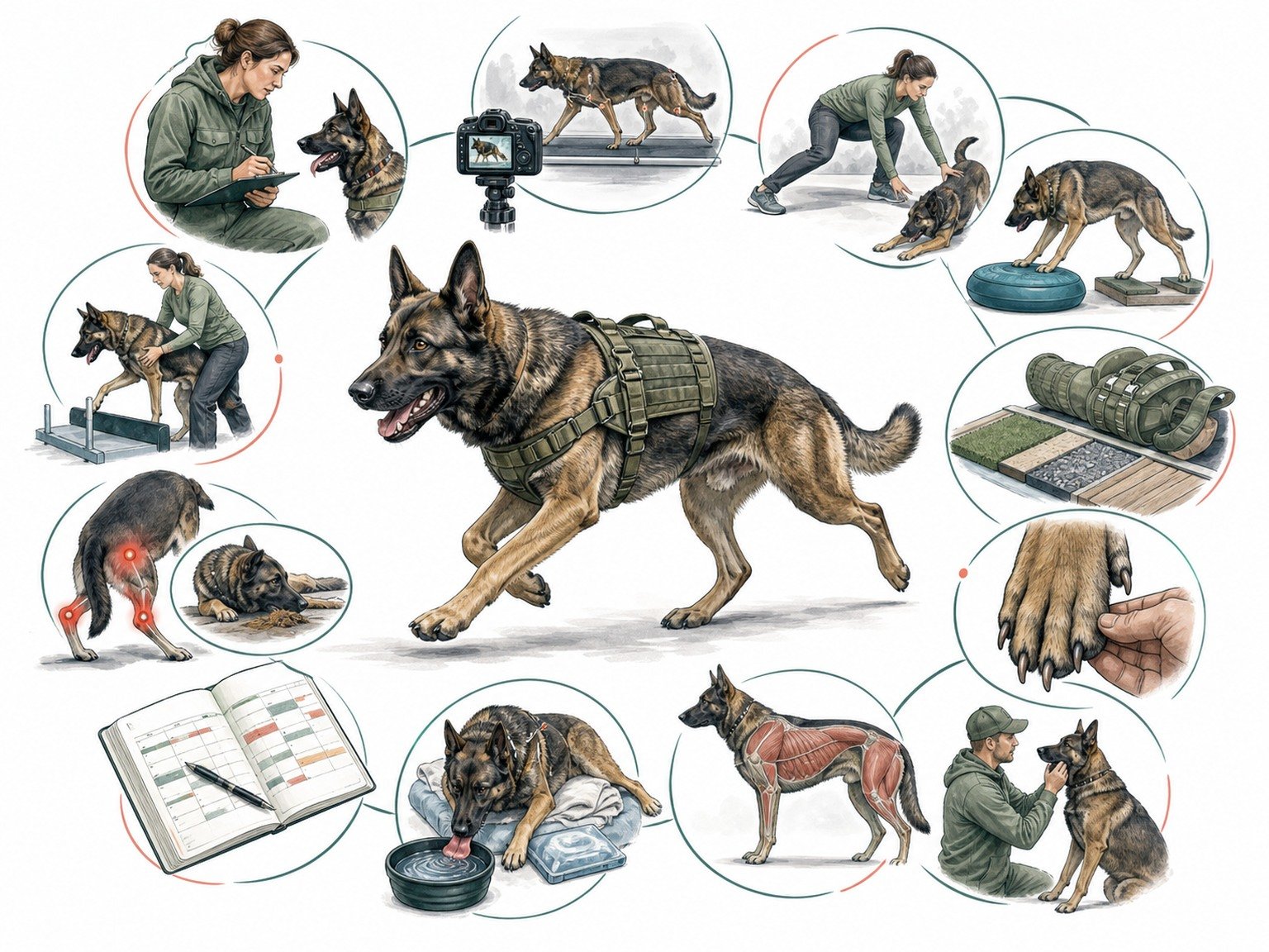 A text-free working-dog care map shows task analysis, warm-up, gait recording, surface checks, paw and equipment inspection, hydration, cooldown, rest, injury logs, and return-to-work clearance.