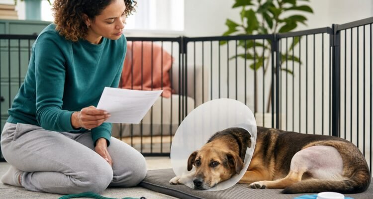 An owner reviews written discharge instructions beside a resting dog in a gated recovery area with an Elizabethan collar and cold pack nearby.