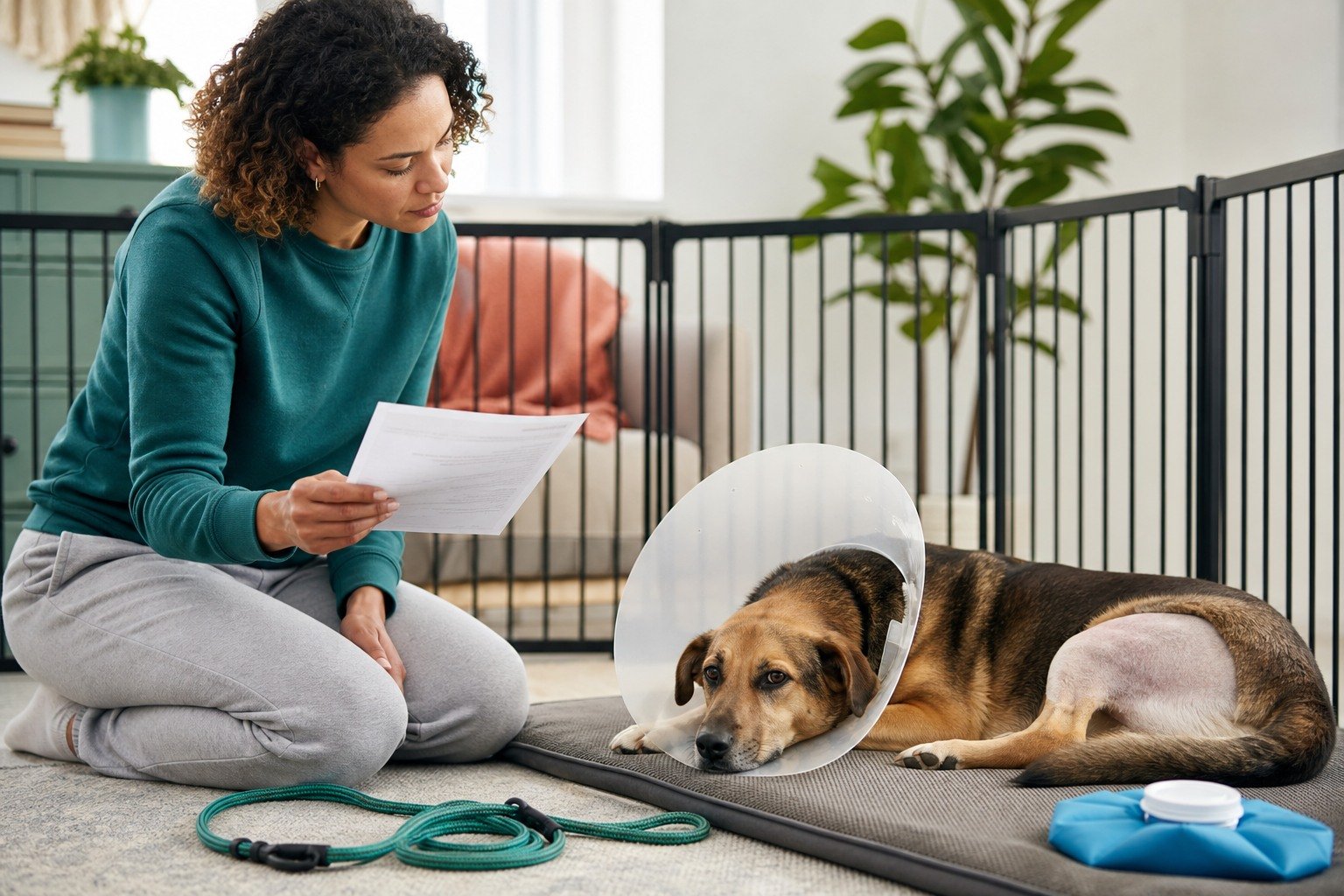 An owner reviews written discharge instructions beside a resting dog in a gated recovery area with an Elizabethan collar and cold pack nearby.