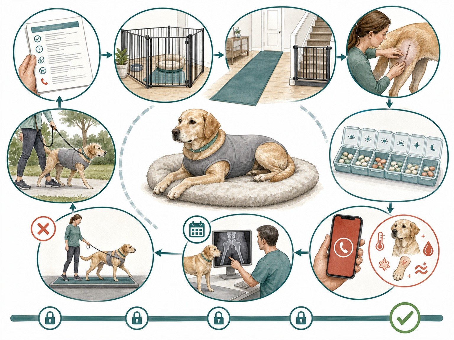A text-free recovery map shows written instructions, a secure pen, blocked stairs, leash-only toileting, incision checks, organized medication, scheduled rechecks, and rehabilitation only after clearance.