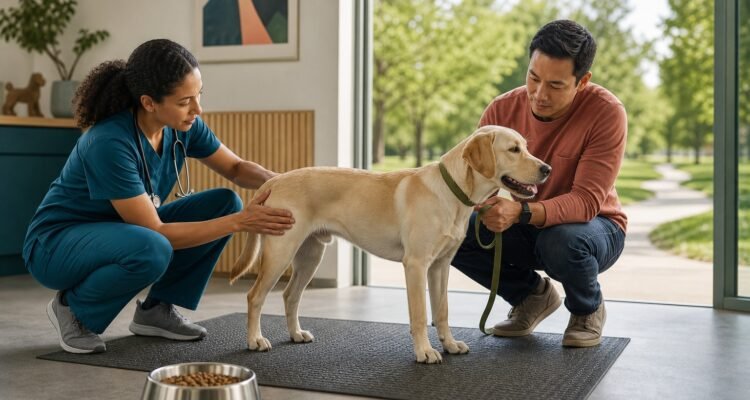 A veterinarian evaluates a healthy adult dog's body and muscle condition while an owner holds the leash on nonslip flooring.