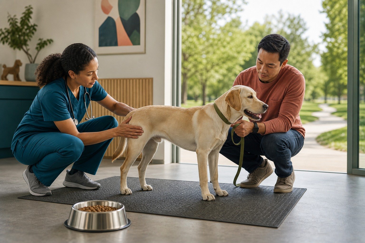 A veterinarian evaluates a healthy adult dog's body and muscle condition while an owner holds the leash on nonslip flooring.