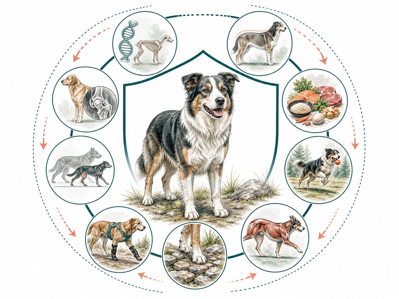 A text-free evidence hierarchy surrounds a healthy dog with genetics and conformation, lean body condition, growth nutrition, varied activity, muscle, footing, injury response, gait observation, screening, and veterinary assessment.