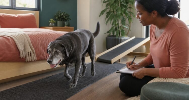 An owner records a gray-muzzled Labrador's comfortable movement along a nonslip runner beside an accessible bed and ramp.