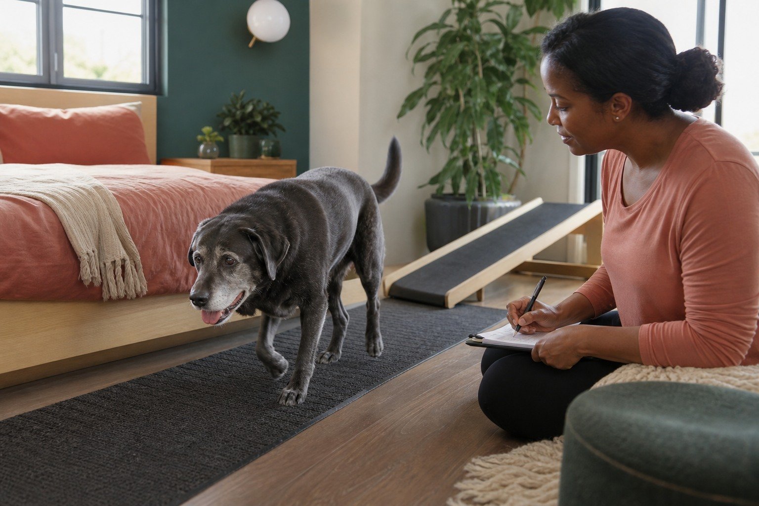 An owner records a gray-muzzled Labrador's comfortable movement along a nonslip runner beside an accessible bed and ramp.