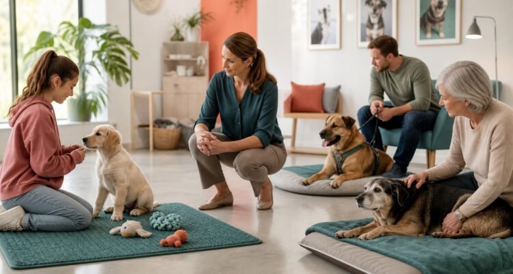 A veterinary behavior professional observes a puppy, adult dog, and gray-muzzled senior with their owners in separate calm clinic stations.