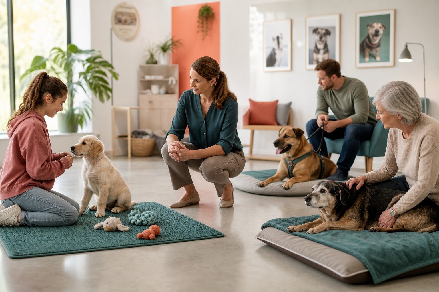 A veterinary behavior professional observes a puppy, adult dog, and gray-muzzled senior with their owners in separate calm clinic stations.