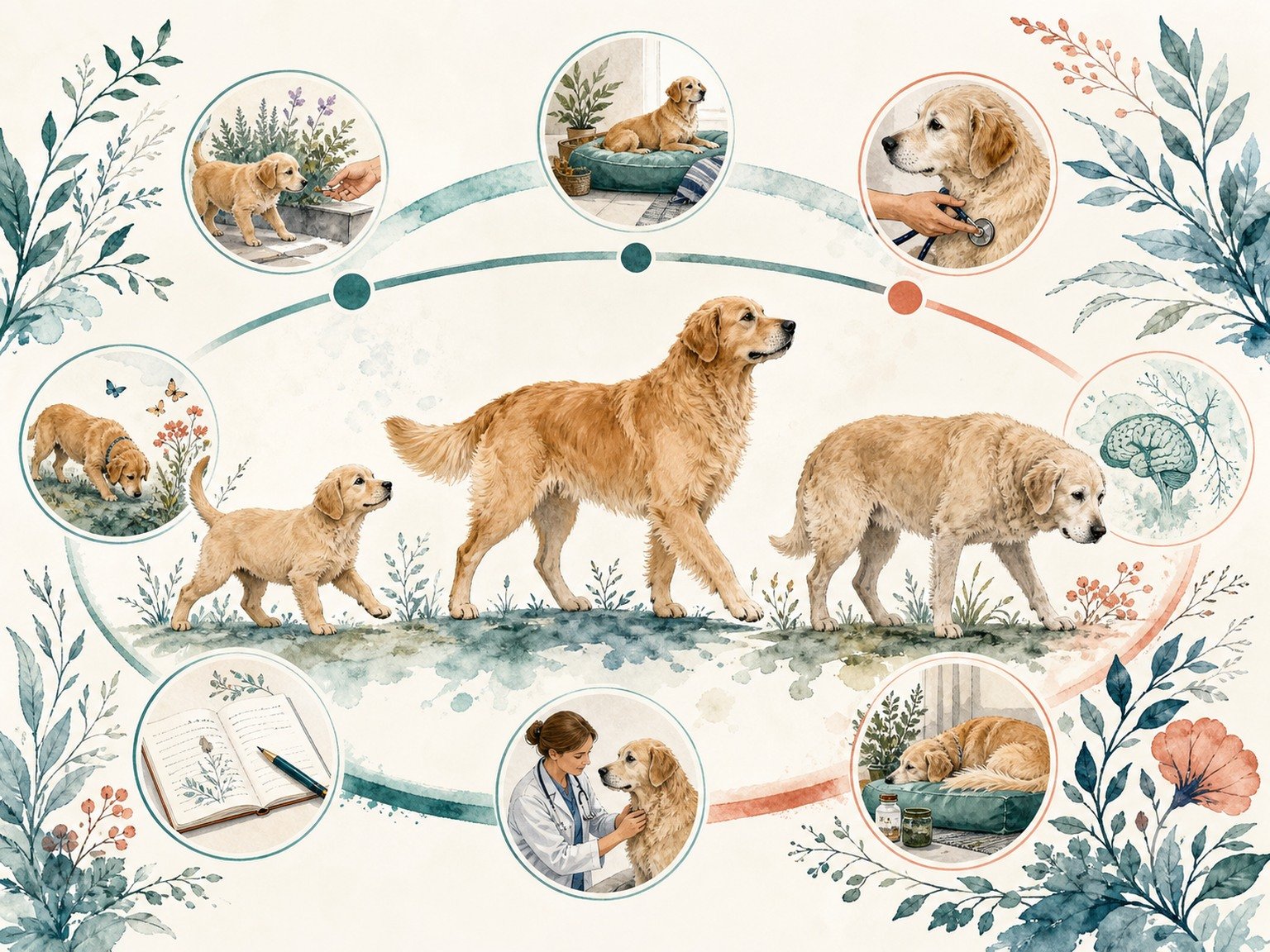 A text-free life-stage arc connects positive puppy exposure, adult coping and routine, senior pain and sensory screening, behavior logs, and veterinary assessment.