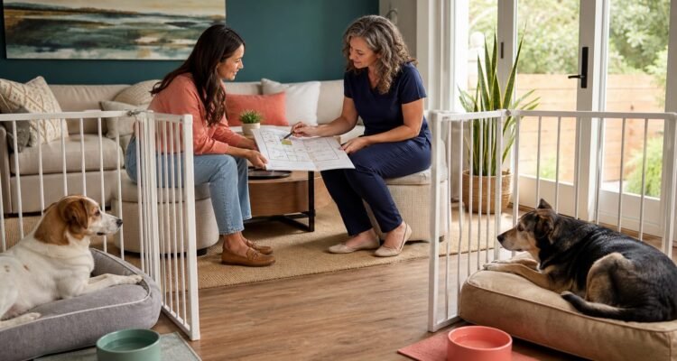 Two dogs rest in separate gated comfort zones while an owner and veterinary behavior professional review a household plan.