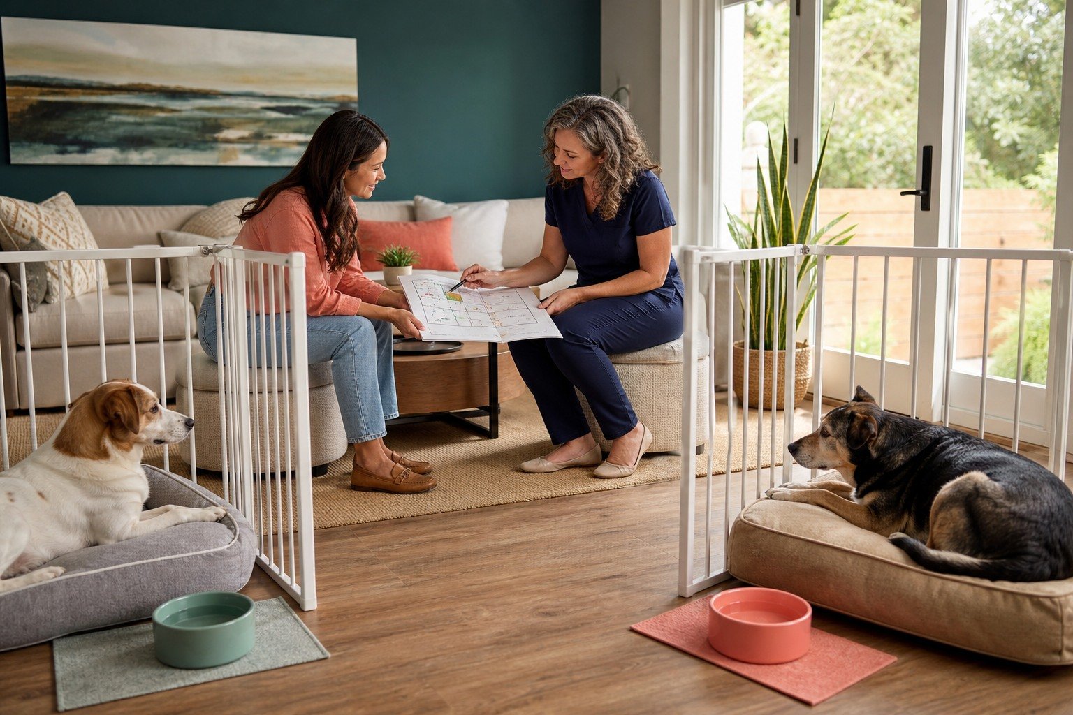 Two dogs rest in separate gated comfort zones while an owner and veterinary behavior professional review a household plan.