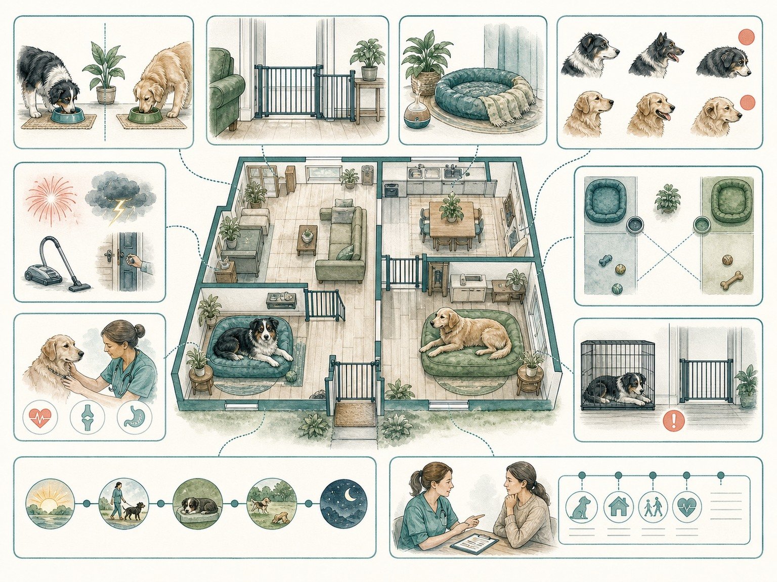 A text-free household plan shows separate feeding, gates, rest zones, body-language checks, arousal triggers, medical exams, logs, and professional planning.