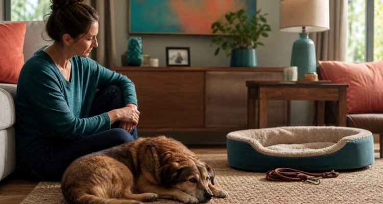 An owner offers quiet presence to a resting dog beside an empty familiar bed and leash after the loss of an animal companion.